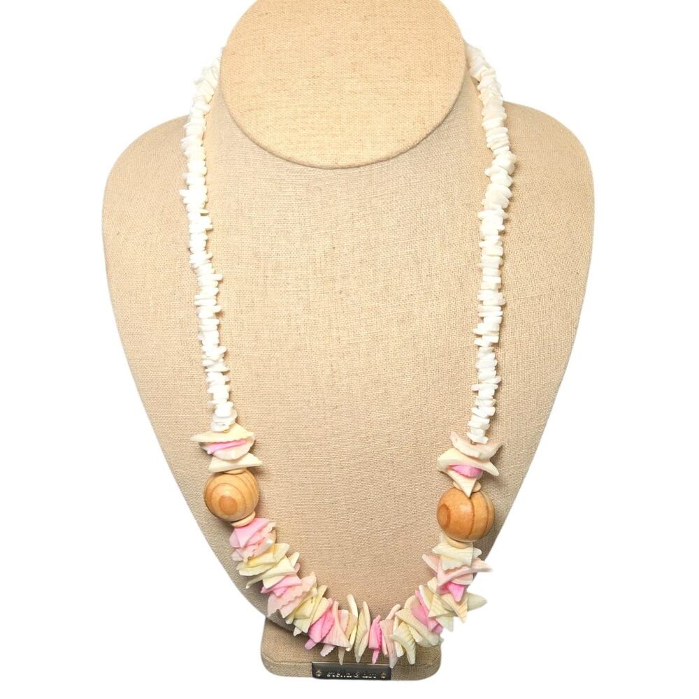 Boho Beach Seashell‎ Necklace Pink White Clam Coastal Statement